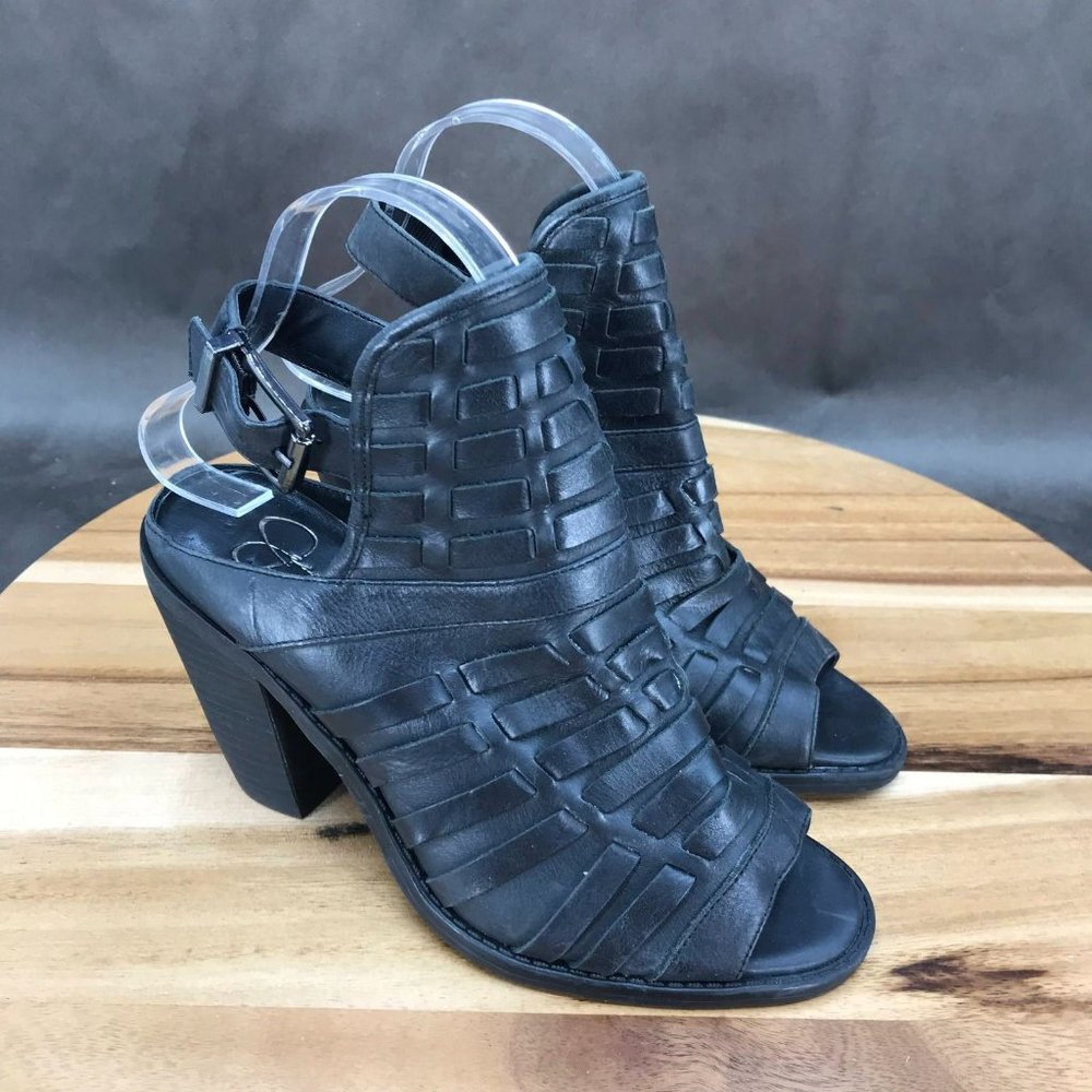 Jessica Simpson Black Leather Slingback Block Heel Peep Toe Sandals Womens Sz 6